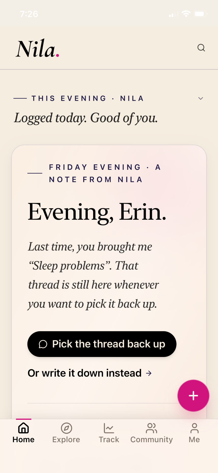 Nila home screen with a Friday-evening note from Nila