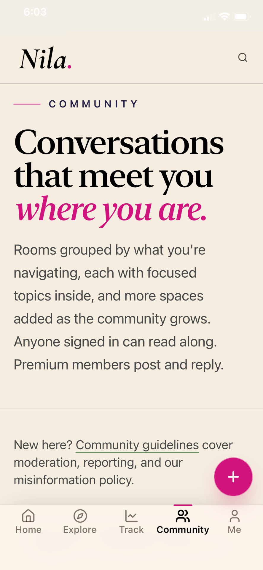 Nila Community tab showing conversation rooms